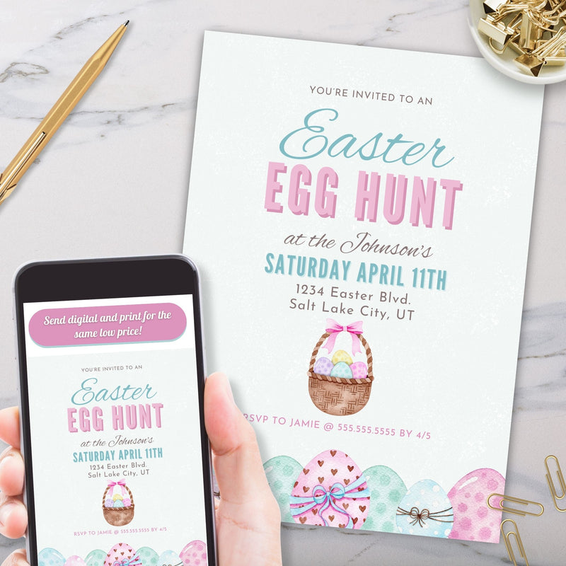 personalized easter egg hunt party invitations with pastel watercolor eggs and basket