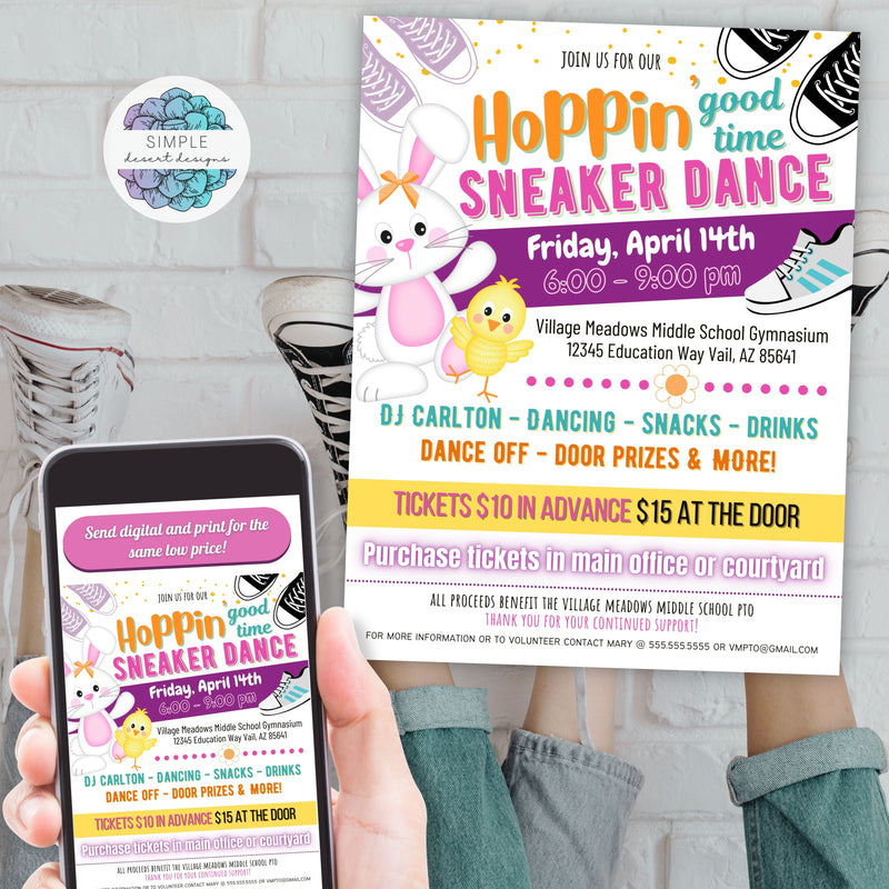 fun easter hip hoppin good time sneaker dance fundraiser flyer invitations in digital and printable formats