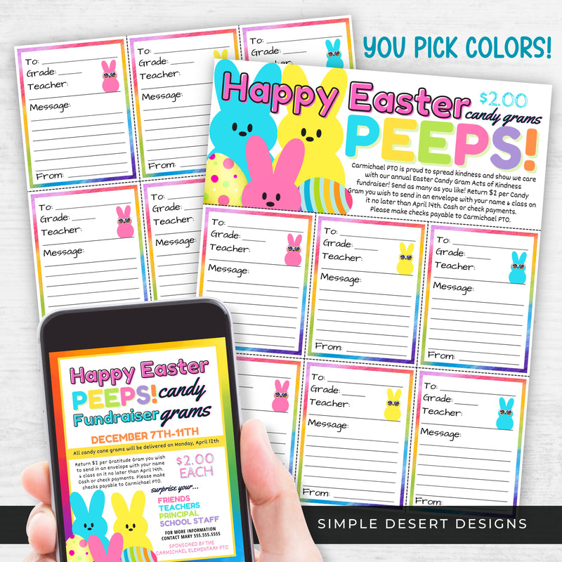 colorful easter peeps candy gram fundraiser flyer sheet bundle for school and church fundraising events in spring