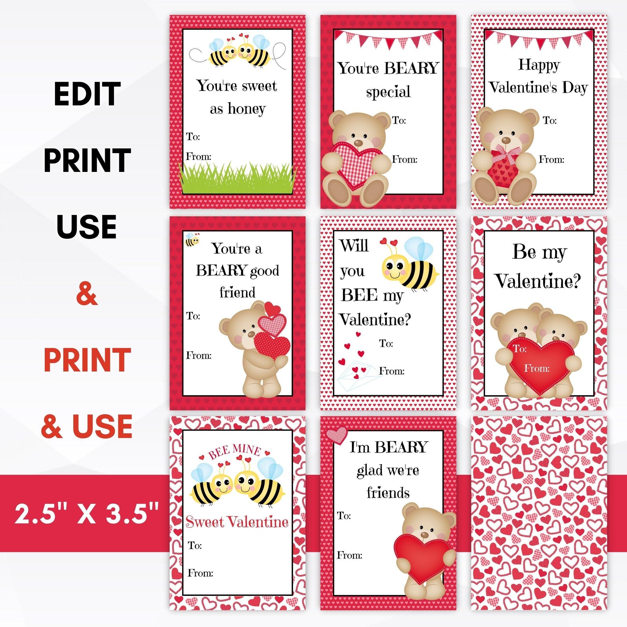 Editable Teddy Bears & Bees Valentines – Simple Desert Designs