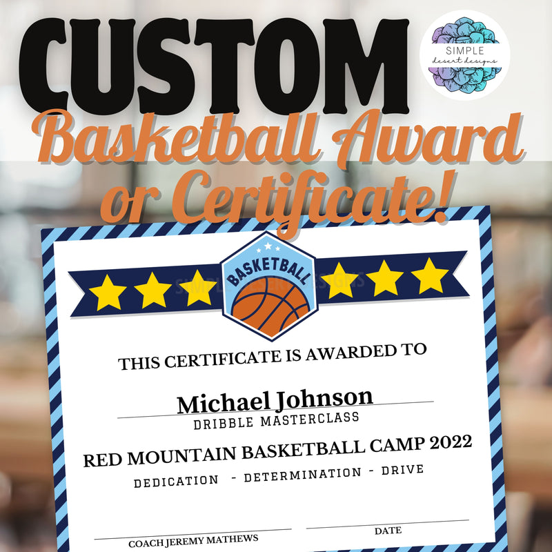 personalized basketball certificates or awards for end of season or basketball camp