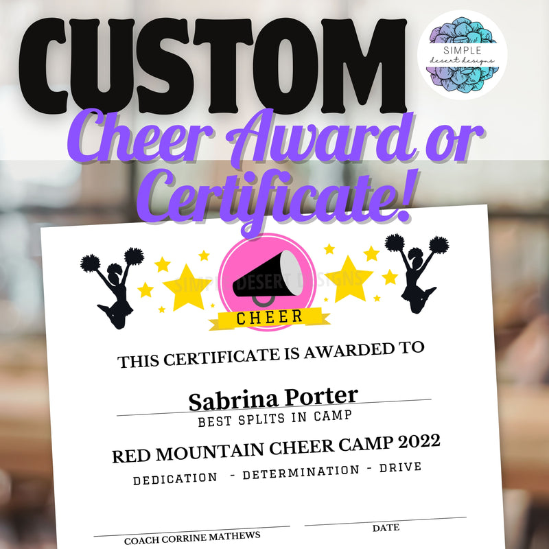 cheerleader award certificate for end of season or cheer camp