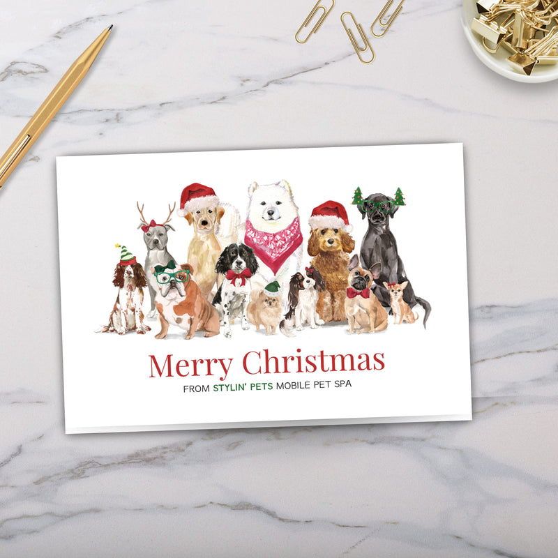 cute funny dogs christmas card for dog groomers pet boarding and dog lovers business cards