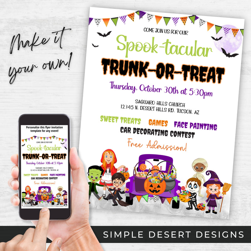 personalize your custom trunk or treat flyers today and send digital or print in minutes!