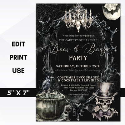 modern vintage boos and booze halloween party invitation with gothic design