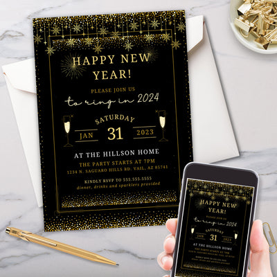 modern black and gold elegant new years eve party invitations