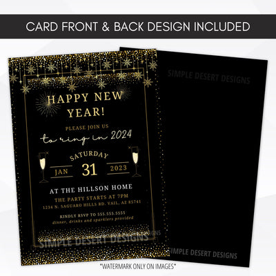 modern black and gold dinner party invite for new years eve