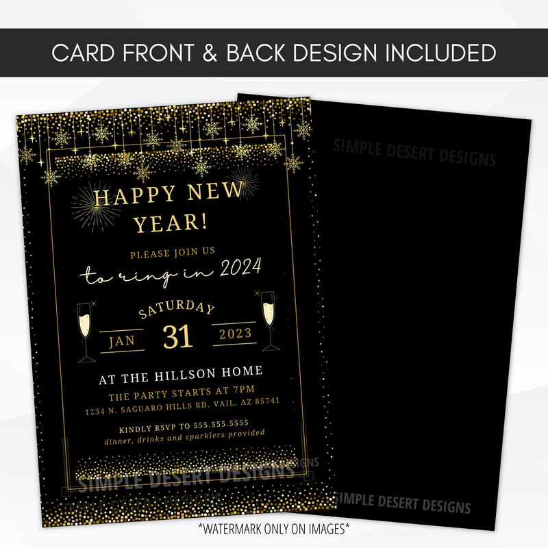 modern black and gold dinner party invite for new years eve