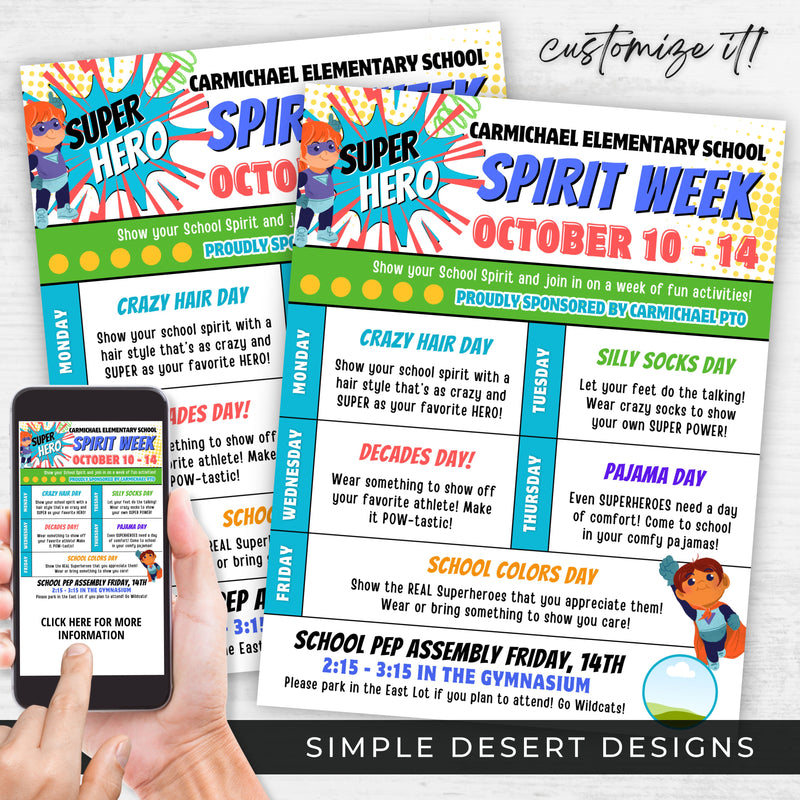 superhero theme elementary kids spirit week schedule itinerary template