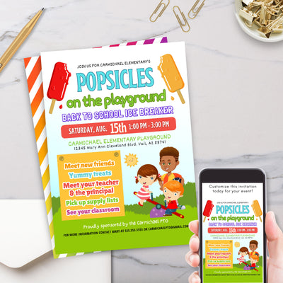 cute colorful back to school meet the teacher popsicles on the playground icebreaker event invitations