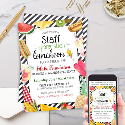 fun colorful teacher staff employee appreciation luncheon invitation