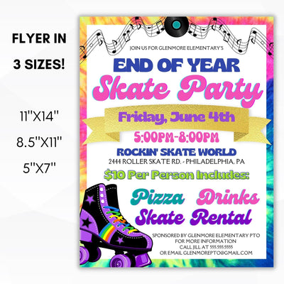 Rollerskating party for the end of school celebration in flyer poster and invitation sizes