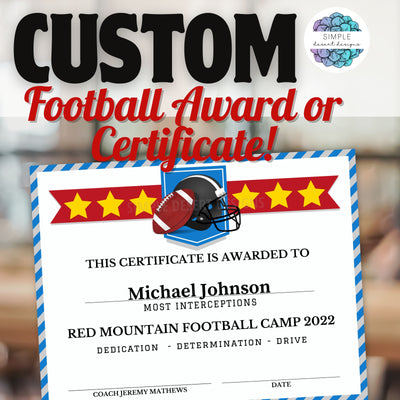 customizable football awards certificate for end of season funny awards