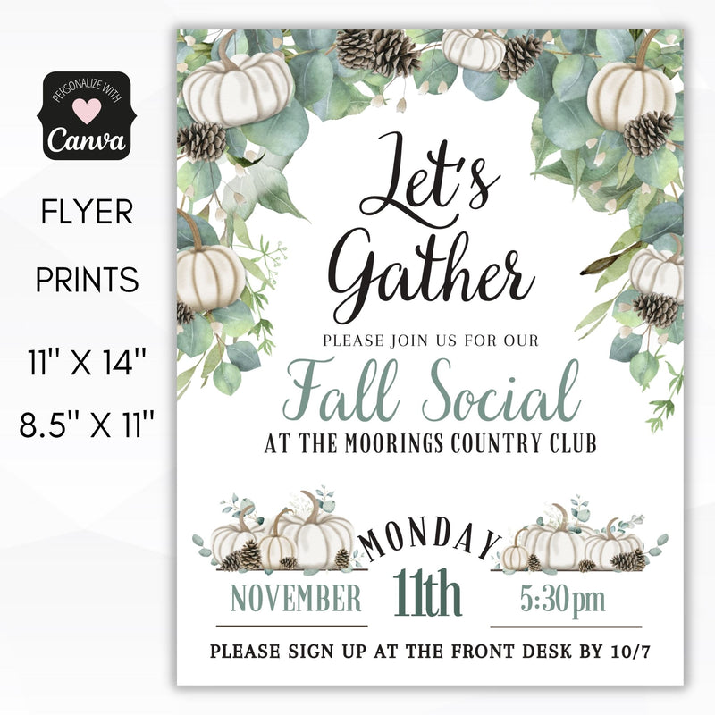 fall theme flyer invitation with pumpkin and eucalyptus theme