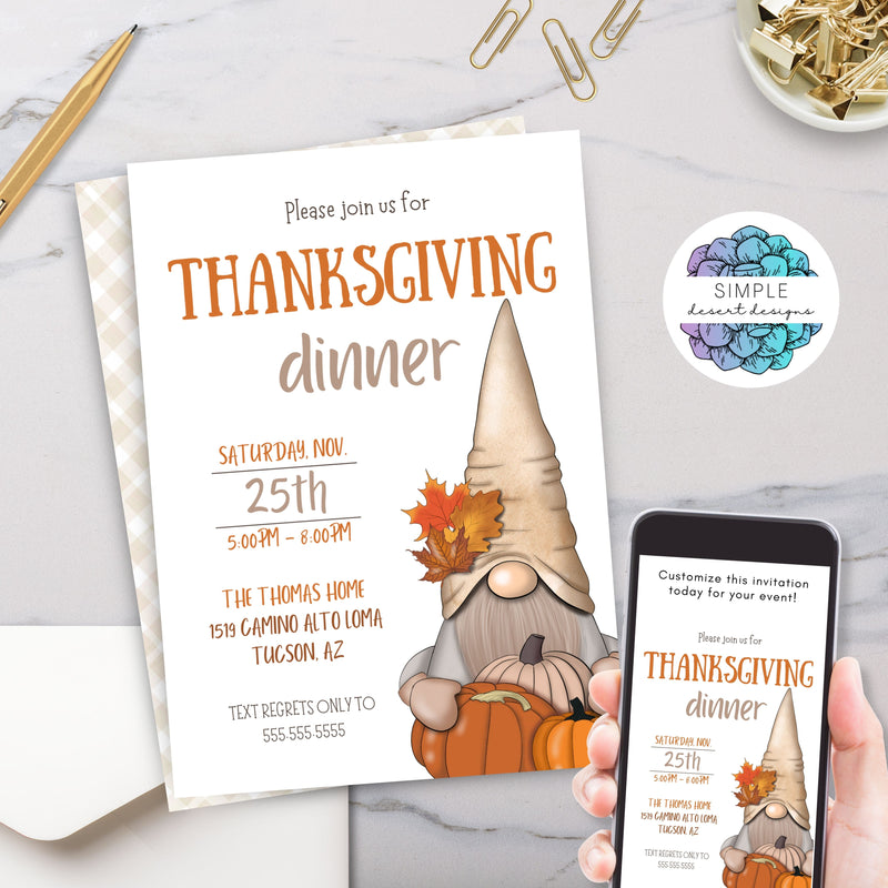 cute thanksgiving dinner invitation with fall gnome pumpkins and fall leaves