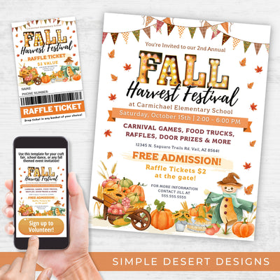 customizable fall harvest festival craft fair or school dance flyer and ticket combo