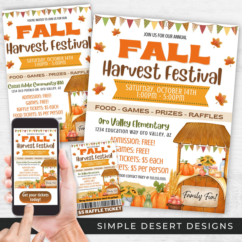 custom bundle of fall harvest festival flyers and ticket templates for school church or community fundraising event