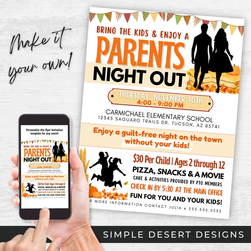 fall theme parents night out flyers for school or church fundraising event