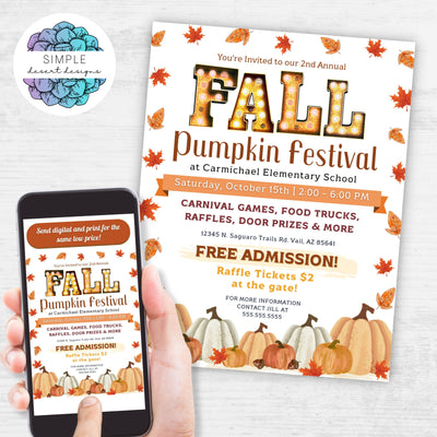 pumpkin theme fall flyer template with customizable text except the title fall in marquis lights font