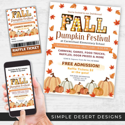 fall pumpkin festival flyers and raffle tickets with rustic marquis lights