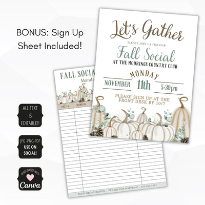 elegant white pumpkin theme let's gather social event flyers with sign up sheet