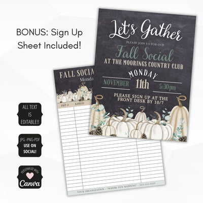 cute fall theme let's gather thanksgiving or fall social invitation