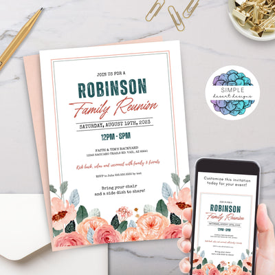 peach floral family reunion invitations