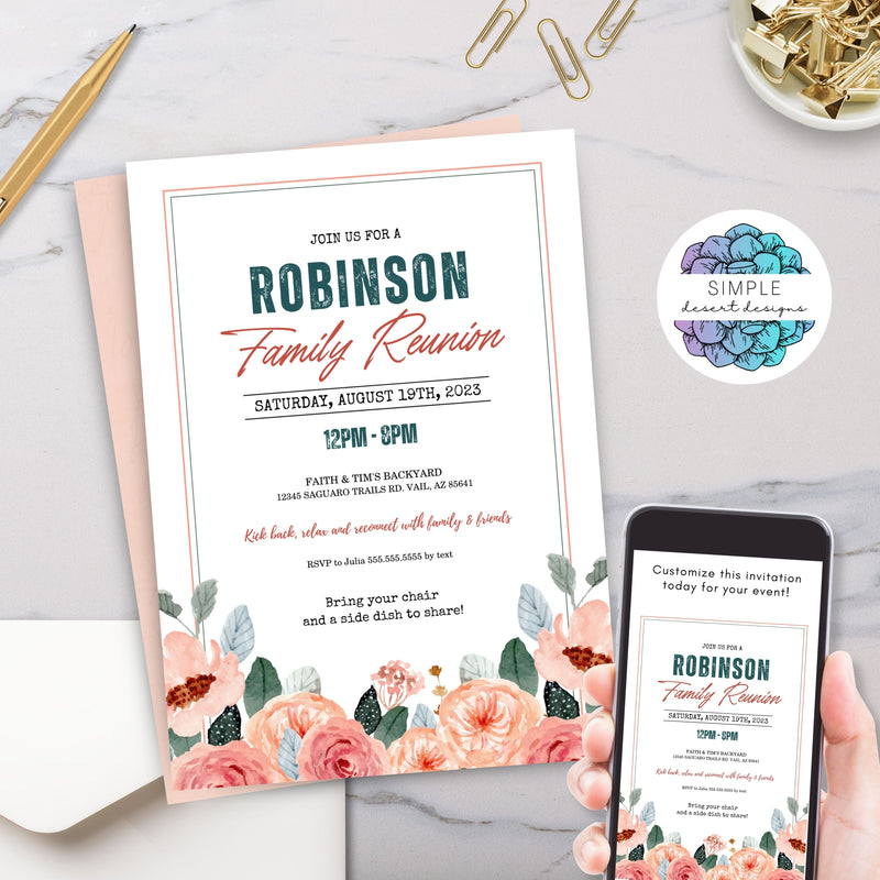 peach floral family reunion invitations