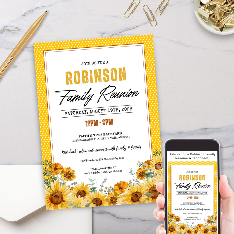 elegant casual floral sunflowers theme family reunion party invitations