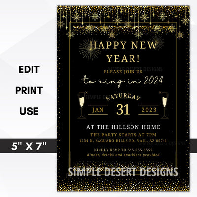 new years eve party invitations in elegant black and gold theme