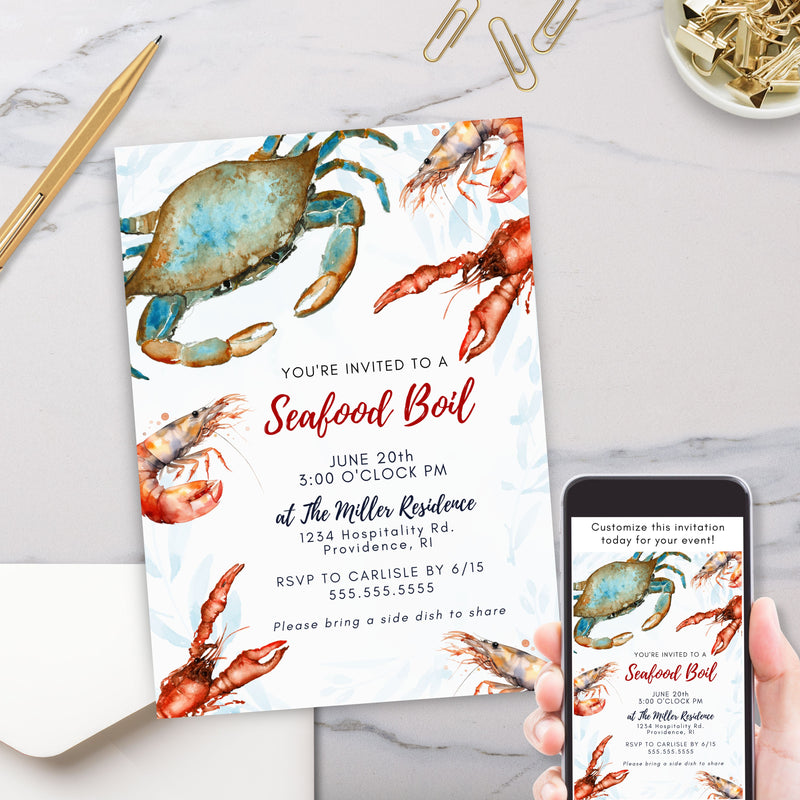 modern elegant watercolor seafood boil dinner party invitations