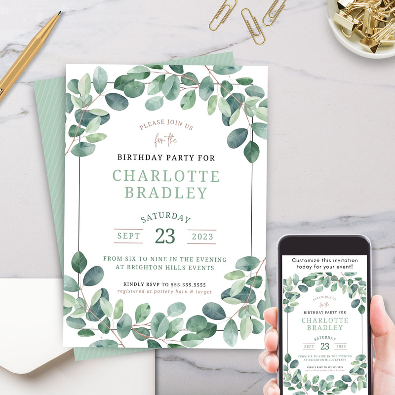 elegant minimalist eucalyptus party invitations