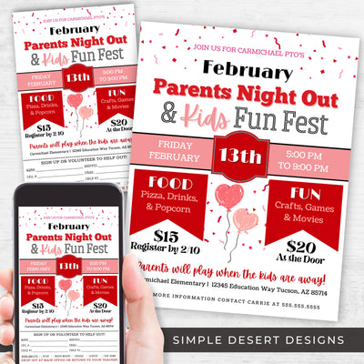 valentines theme parents night out flyers set with pre registration form included