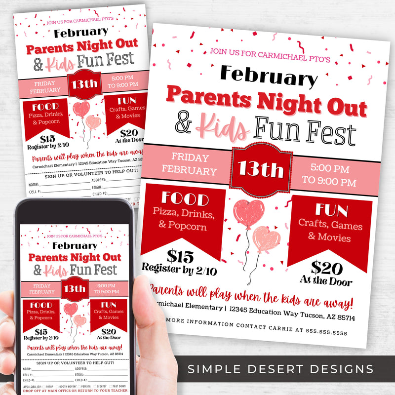 valentines theme parents night out flyers set with pre registration form included