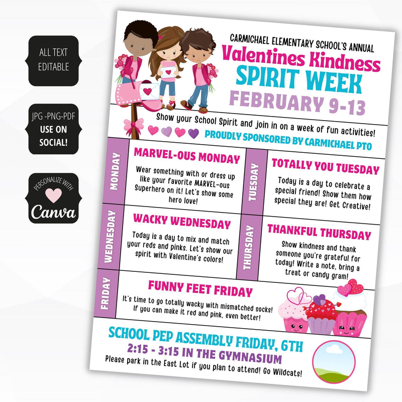 add you logo on this february valentines day theme spirit week template