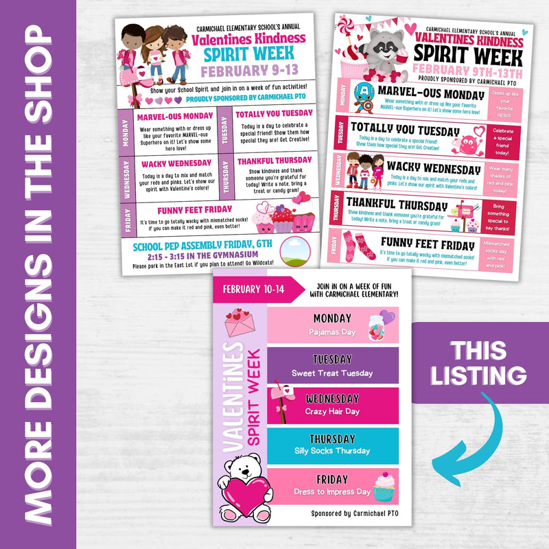 More February theme spirit week schedules in our shop