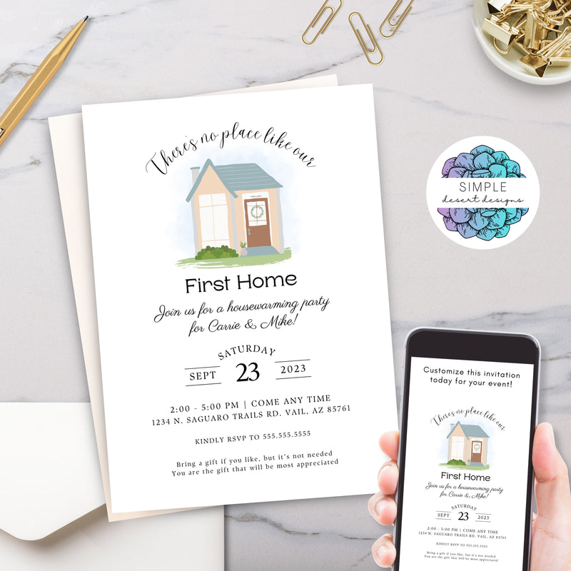 first home housewarming party invitation with simple quaint cottage image script handwriting and simple typography