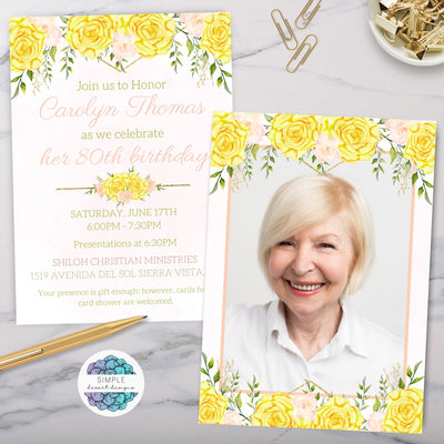 elegant yellow rose and blush pink peony birthday party invitation for 80th birhtday party with full photo on the back