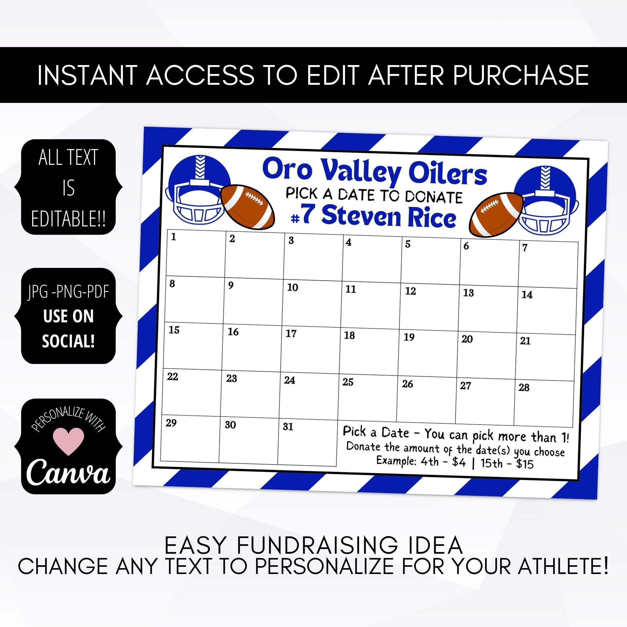 Editable Pick A Date To Donate Soccer Fundraiser Calendar 