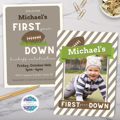 custom vintage football first birthday party invitation with photo