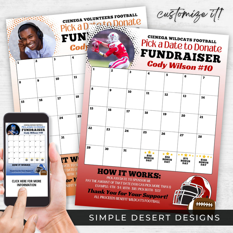 customizable football calendar fundraiser template with photo or logo space