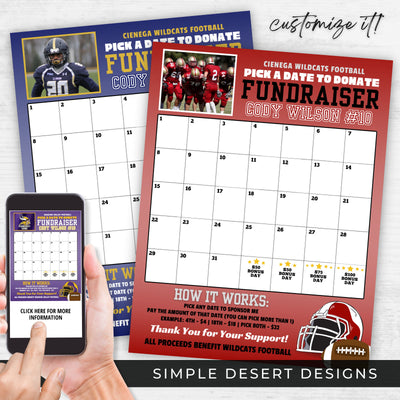 football calendar fundraiser template with photo and customizable color scheme