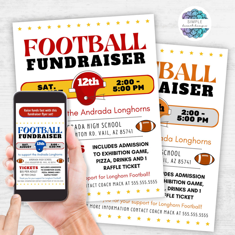 football fundraiser flyer with customizable colors and space for any football fundraising idea