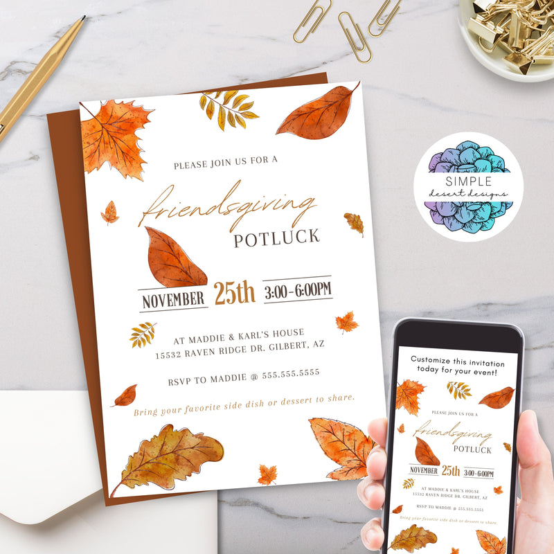 modern fall leaves thanksgiving friendsgiving or autumn dinner party invitation template