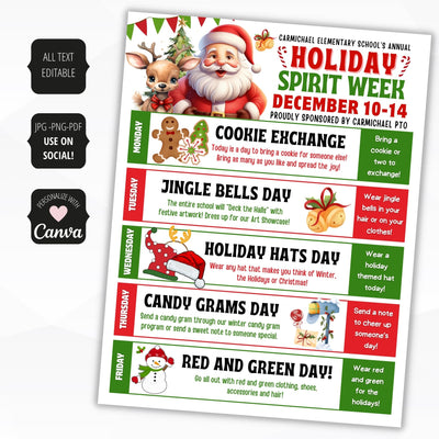 cute red and green christmas theme spirit week flyers