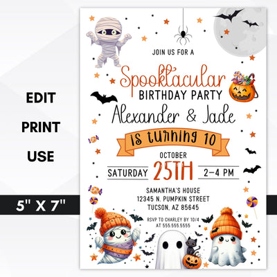 cute dual or any birthday party invitation on halloween with cute ghosts and bats