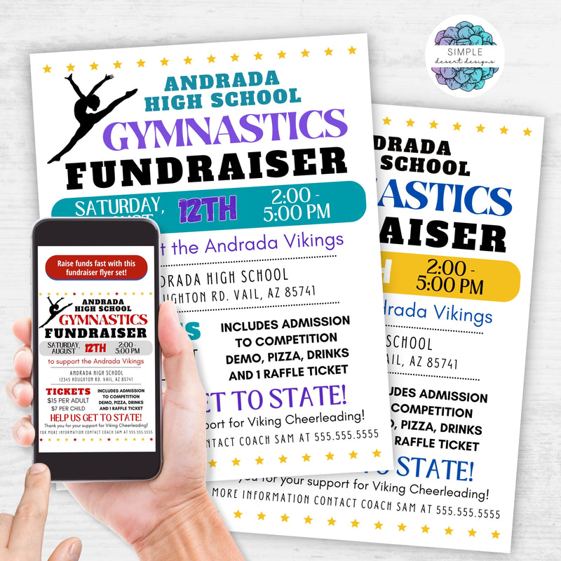 customizable gymnastics fundraiser flyer with personalized colors and text for any gym