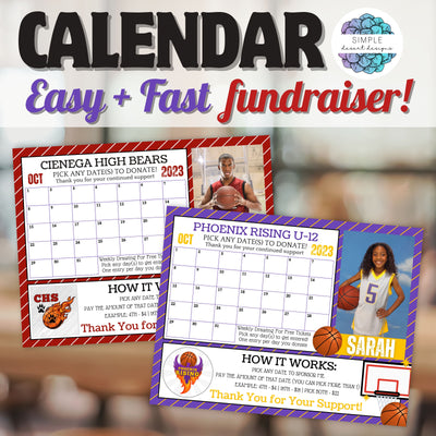 basketball calendar fundraiser template with athlete photo and logo space