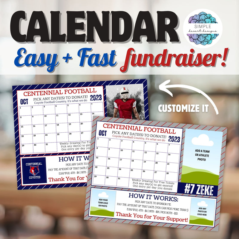 calendar fundraiser template for football teams with 3 photo logo spaces included