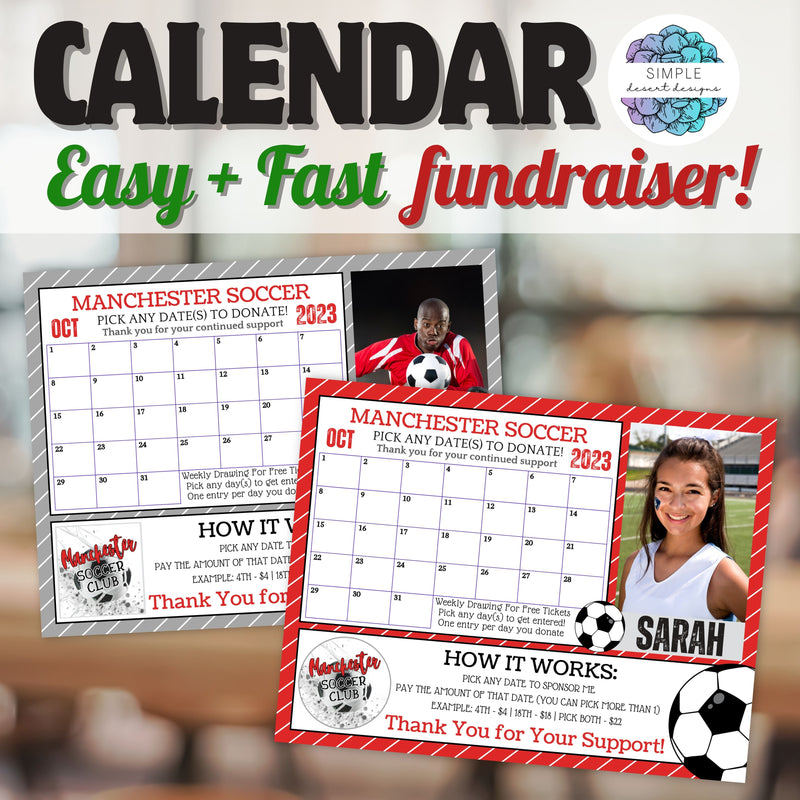 customizable soccer calendar fundraiser templates set with photo and logo space